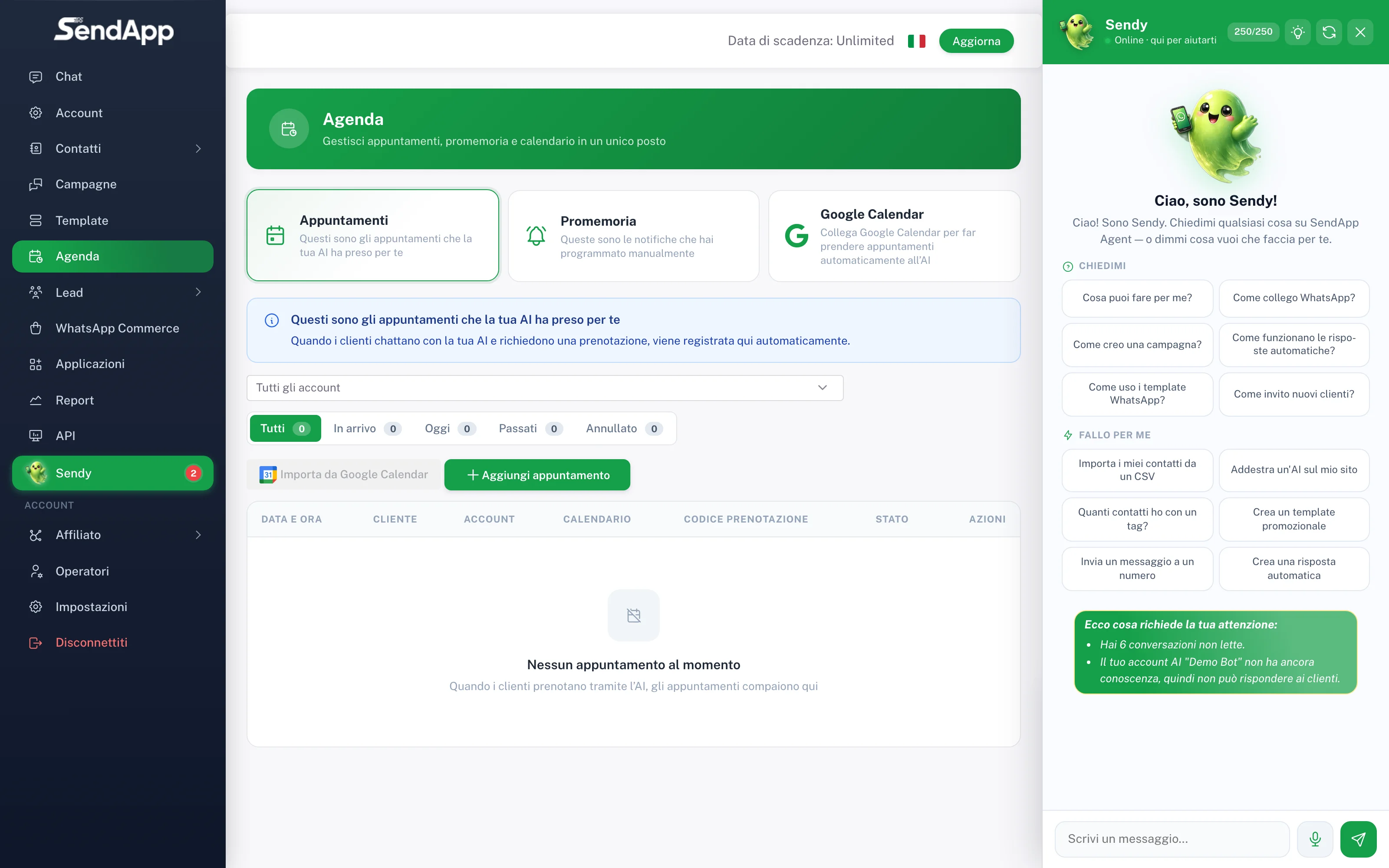 Agenda reale di SendApp con appuntamenti e promemoria