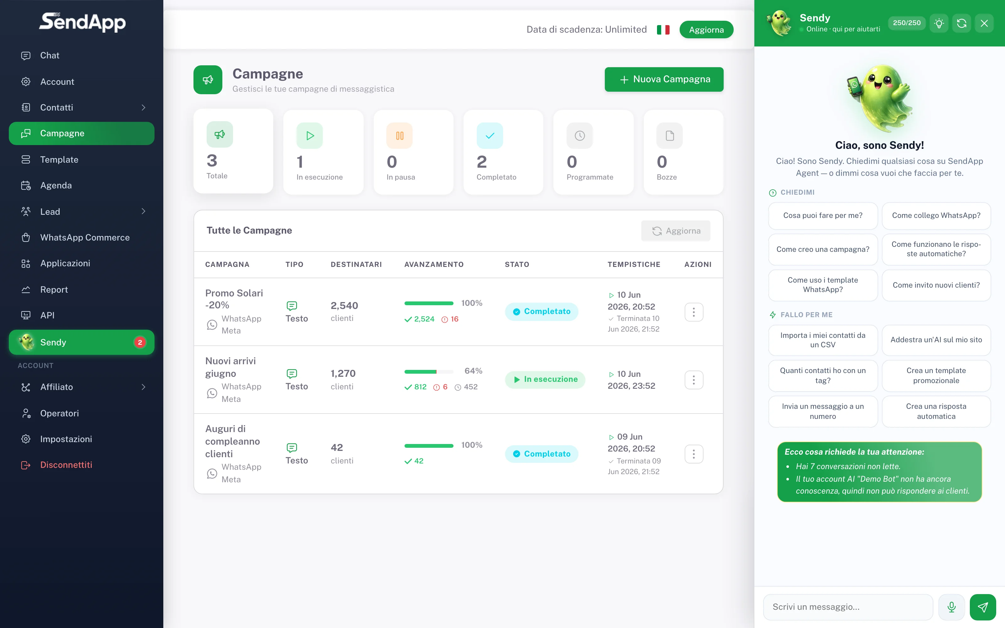 Pagina campagne reale di SendApp con KPI e avanzamento
