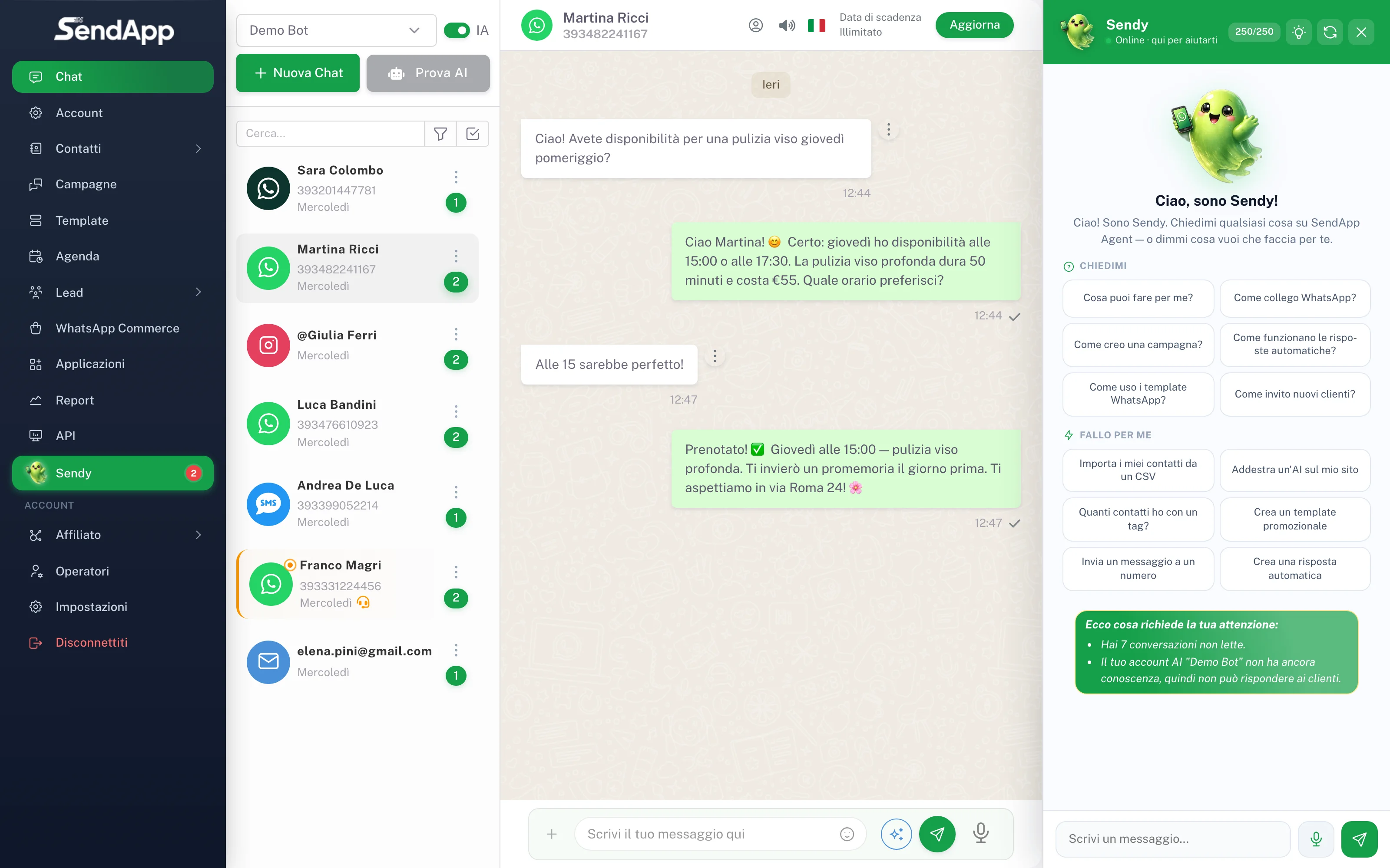 Inbox reale di SendApp Agent con risposte AI e assistente Sendy